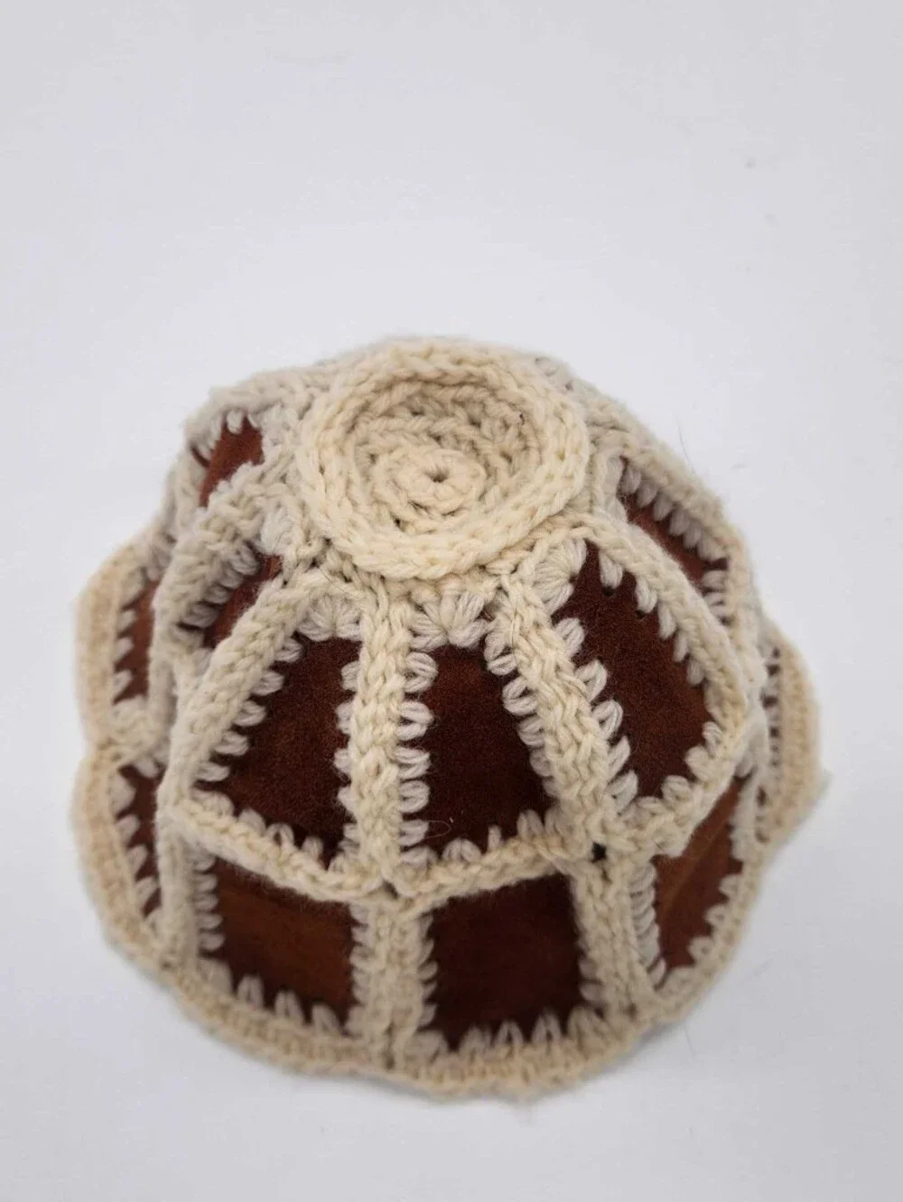 Vintage Handmade Suede Leather Crochet Boho Hippie Festival Skull Cap Hat Adult